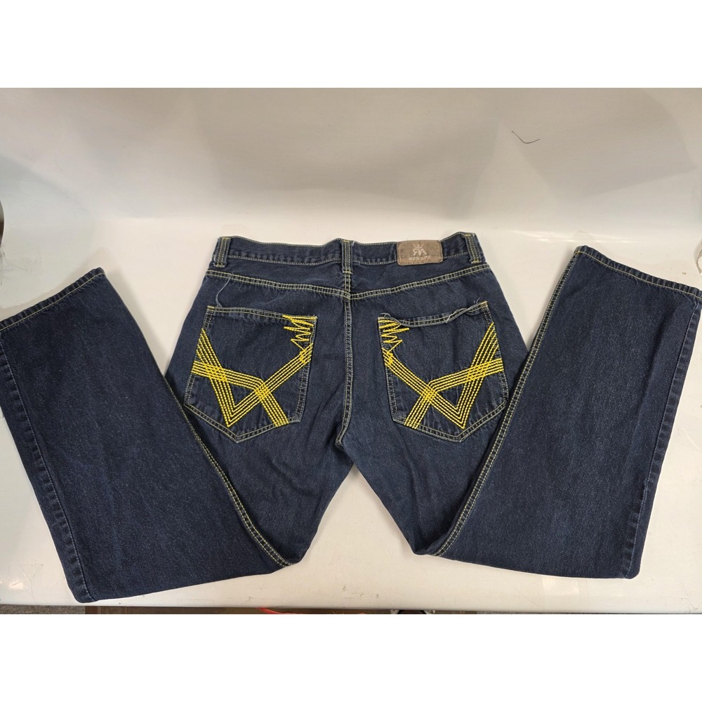 Red Ape Jeans Mens 38x32 Blue Denim Yellow Stitching Embroidered Pockets Baggy